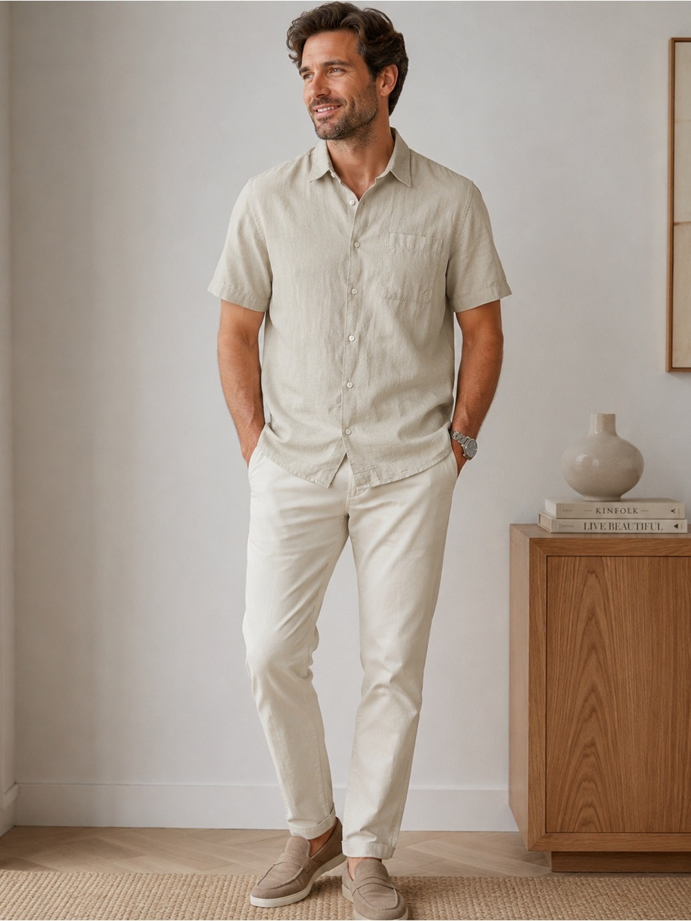 Men’s Linen Shirt GAP XL Beige Short Sleeve Button Up Minimalist